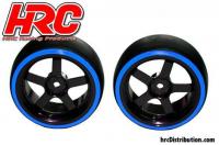 Tires - 1/10 Drift - mounted - 5-Spoke Wheels 3mm Offset - Dual Color - Slick - Black/Blue (2 pcs)