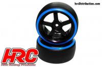 Tires - 1/10 Drift - mounted - 5-Spoke Wheels 3mm Offset - Dual Color - Slick - Black/Blue (2 pcs)