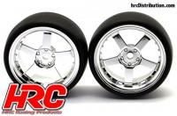 Reifen - 1/10 Drift - montiert - 5-Spoke Chrome Felgen 3mm Offset - Slick (2 Stk.)