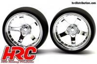 Reifen - 1/10 Drift - montiert - 5-Spoke Chrome Felgen 6mm Offset - Slick (2 Stk.)