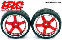 Reifen - 1/10 Touring - montiert - 5-Stars Rot/Chrome Felgen - 12mm hex - HRC High Grip Street-V (2 Stk.)