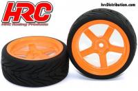 Tires - 1/10 Touring - mounted - 5-Spoke Orange Wheels - 12mm Hex - HRC Street-V II (2 pcs)