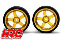 Reifen - 1/10 Drift - montiert - 5-Spoke Gold Felgen 3mm Offset - Slick (2 Stk.)