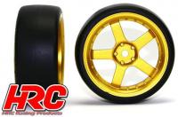 Reifen - 1/10 Drift - montiert - 5-Spoke Gold Felgen 3mm Offset - Slick (2 Stk.)