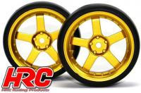 Reifen - 1/10 Drift - montiert - 5-Spoke Gold Felgen 3mm Offset - Slick (2 Stk.)