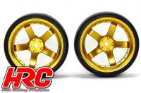 Tires - 1/10 Drift - mounted - 5-Spoke Gold Wheels 6mm Offset - Slick (2 pcs)