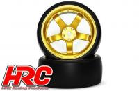 Tires - 1/10 Drift - mounted - 5-Spoke Gold Wheels 6mm Offset - Slick (2 pcs)