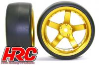 Tires - 1/10 Drift - mounted - 5-Spoke Gold Wheels 6mm Offset - Slick (2 pcs)