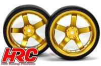 Tires - 1/10 Drift - mounted - 5-Spoke Gold Wheels 6mm Offset - Slick (2 pcs)