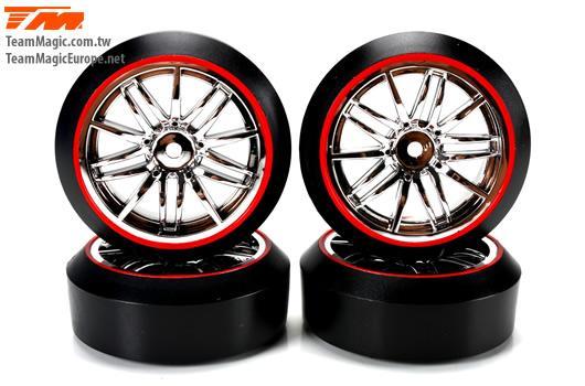 K Factory - KF7625RH - Gomme - 1/10 Drift - montato - Cerchi Starlight Silver / Red - 12mm Hex - 45° - Hard (4 pzi)