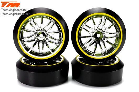 K Factory - KF7625YH - Tires - 1/10 Drift - mounted - Starlight Wheels Silver / Yellow - 12mm Hex - 45° - Hard (4 pcs)