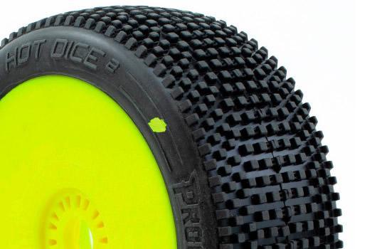 Pneus - 1/8 Buggy - montés - jantes jaunes - 17mm Hex - HOT DICE V2 C2 (SOFT) (2 pcs)