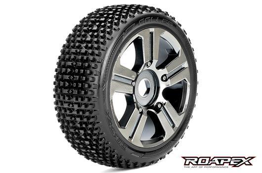 Roapex - RXR5003-CB - Reifen - 1/8 Buggy - montiert - Chrome Schwarz Felgen - 17mm Hex - Roller (2 Stk.)