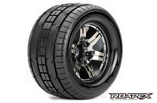 Roapex - RXR3001-CB0 - Gomme - 1/10 Monster Truck - montato - 0 offset - Cerchi Neri Chromati - 12mm Hex - Trigger (2 pzi)