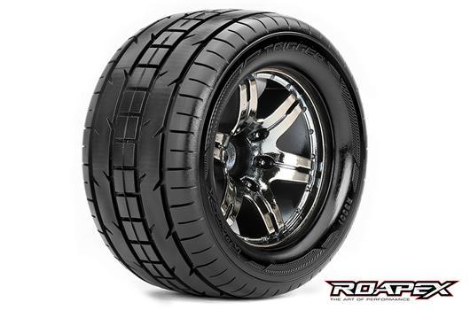 Roapex - RXR3001-CB2 - Pneus - 1/10 Monster Truck - montés - 1/2 offset - Jantes noires chromées - 12mm Hex - Trigger (2 pces)