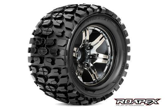 Roapex - RXR3002-CB0 - Pneus - 1/10 Monster Truck - montés - 0 offset - Jantes noires chromées - 12mm Hex - Tracker (2 pces)