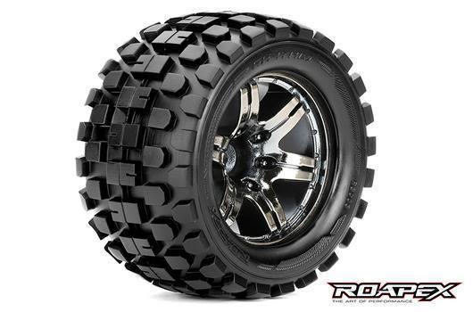 Roapex - RXR3003-CB0 - Reifen - 1/10 Monster Truck - montiert - 0 offset - Chrome Schwarz Felgen - 12mm Hex - Rhythm (2 Stk.)