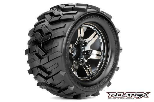 Roapex - RXR3004-CB0 - Pneus - 1/10 Monster Truck - montés - 0 offset - Jantes noires chromées - 12mm Hex - Morph (2 pces)