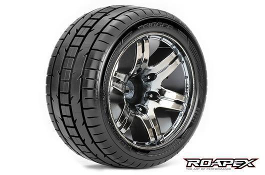 Roapex - RXR2001-CB0 - Gomme - 1/10 Stadium Truck - montato - 0 offset - Cerchi Neri Chromati - 12mm Hex - Trigger (2 pzi)