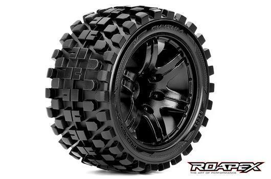 Roapex - RXR2003-B0 - Reifen - 1/10 Stadium Truck - montiert - 0 offset - Schwarz Felgen - 12mm Hex - Rhythm (2 Stk.)