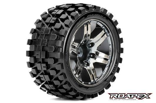 Roapex - RXR2003-CB0 - Pneus - 1/10 Stadium Truck - montés - 0 offset - Jantes noires chromées - 12mm Hex - Rhythm (2 pces)