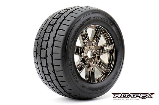 Roapex - RXR4002-CB0 - Reifen - 1/8 Monster Truck - montiert - 0 offset - Chrome Schwarz Felgen - 17mm Hex - Trigger (2 Stk.)