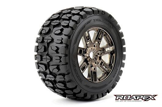 Roapex - RXR4003-CB0 - Gomme - 1/8 Monster Truck - montato - 0 offset - Chrome Cerchi Neri - 17mm Hex - Tracker (2 pzi)