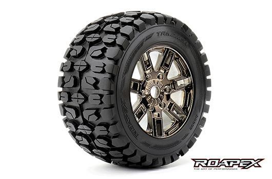 Roapex - RXR4003-CB0 - Reifen - 1/8 Monster Truck - montiert - 0 offset - Chrome Schwarz Felgen - 17mm Hex - Tracker (2 Stk.)