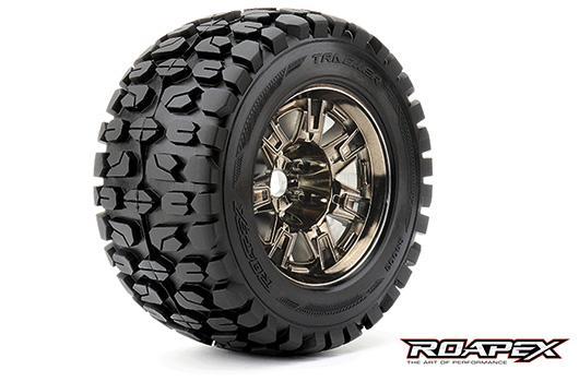 Roapex - RXR4003-CB2 - Pneus - 1/8 Monster Truck - montés - 1/2 offset - Jantes noires chromées - 17mm Hex - Tracker (2 pces)