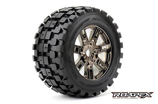 Roapex - RXR4004-CB0 - Gomme - 1/8 Monster Truck - montato - 0 offset - Chrome Cerchi Neri - 17mm Hex - Rythm (2 pzi)