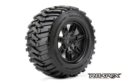 Roapex - RXR4005-B0 - Reifen - 1/8 Monster Truck - montiert - 0 offset - Schwarz Felgen - 17mm Hex - Morph (2 Stk.)