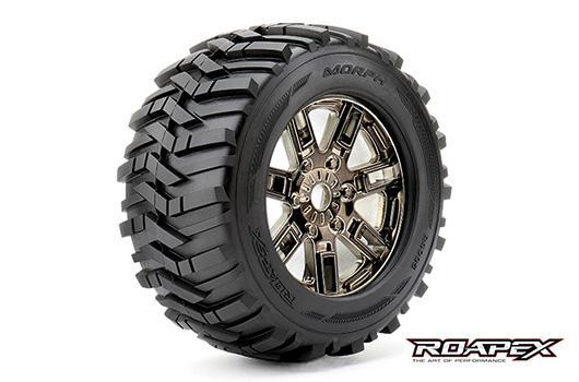 Roapex - RXR4005-CB0 - Pneus - 1/8 Monster Truck - montés - 0 offset - Jantes noires chromées - 17mm Hex - Morph (2 pces)