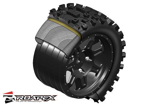 Pneu - Monster Truck 1/10 - Roue noire - Monté - Ceinturé - Hexagone 12 mm - Déport 1/2 - Gâchette (2 pièces)