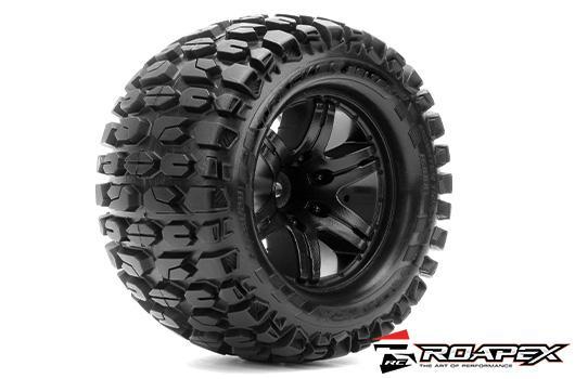 Roapex - RXR3006-B0 - Tire - 1/10 Monster Truck - Black wheel - mounted - Belted - 12mm hex - 0 offset - Tracker (2pcs)
