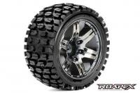 Tires - 1/10 Stadium Truck - mounted - 0 offset - Chrome Black wheels - 12mm Hex - Tracker (2 pcs)