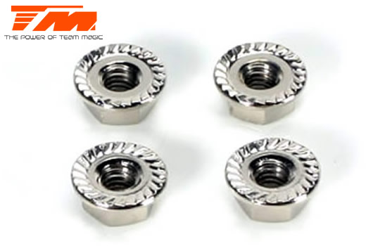 Team Magic - TM111160 - Wheel Nuts - M4 serrated flanged - Silver (4 pcs)