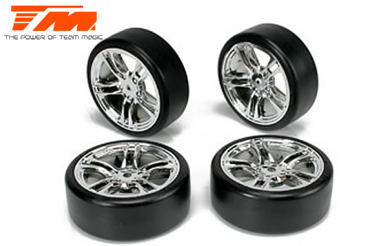 Team Magic - TM503302S - Reifen - 1/10 Drift - montiert - 5 Spoke Silber Felgen - 12mm Hex - Hard (4 Stk.)