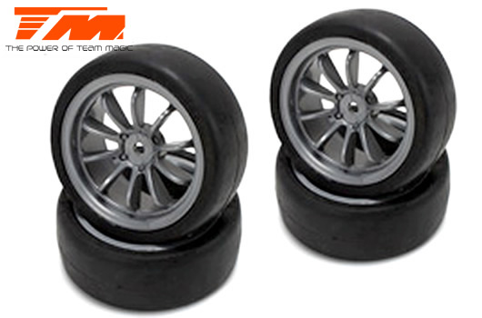 Team Magic - TM503334FS - Tires - 1/10 Touring - mounted - 10 Spoke Fog Silver wheels - 12mm Hex - Slics (4 pcs)