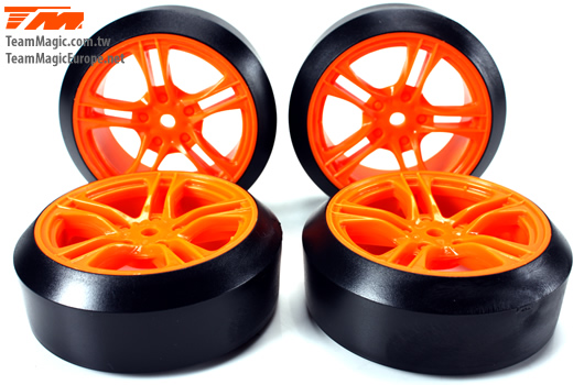 Team Magic - TM503390 - Tires - 1/10 Drift - mounted - 5 Spoke Orange wheels - 12mm Hex - 45° - Hard (4 pcs)