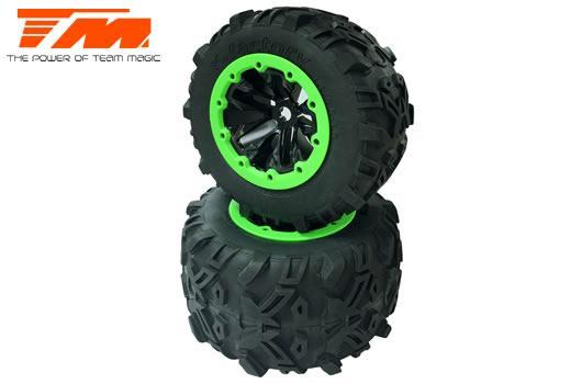 Team Magic - TM505252BKG - Tires - Monster Truck - Mounted - E6 7.1" Size - Green Ring (2 pcs)