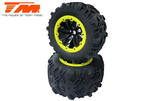 Team Magic - TM505252BKY - Tires - Monster Truck - Mounted - E6 7.1" Size - Yellow Ring (2 pcs)