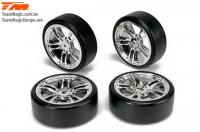 Reifen - 1/10 Drift - montiert - 5 Spoke Silber Felgen - 12mm Hex - Hard (4 Stk.)