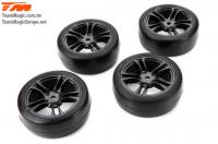 Tires - 1/10 Touring - mounted - 5 Spoke Silver wheels - 12mm Hex - High Grip (4 pcs)